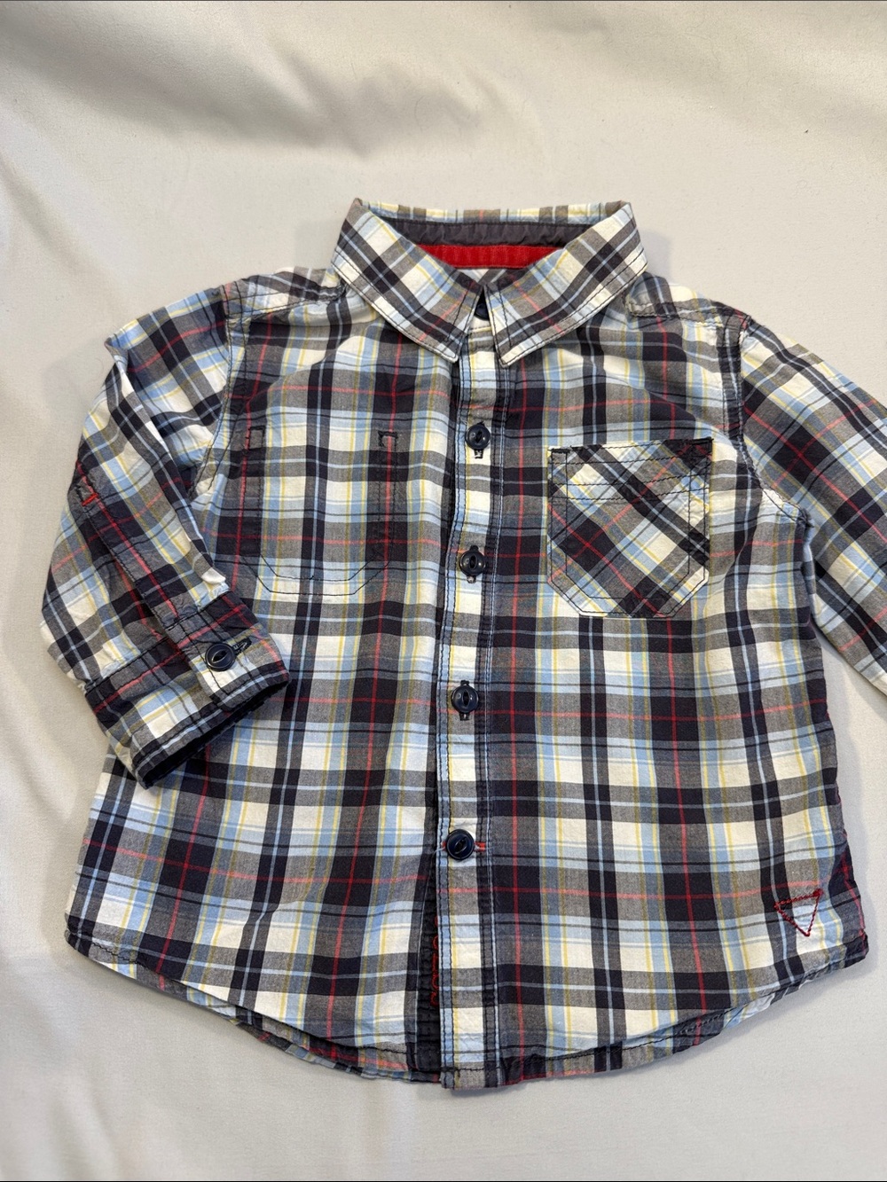 Guess Boys Plaid Button-Down Shirt in Black, White & Red with Yellow Accents